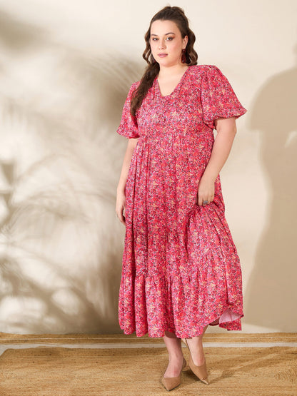 Women's Red Floral V Neck Maxi Dre
