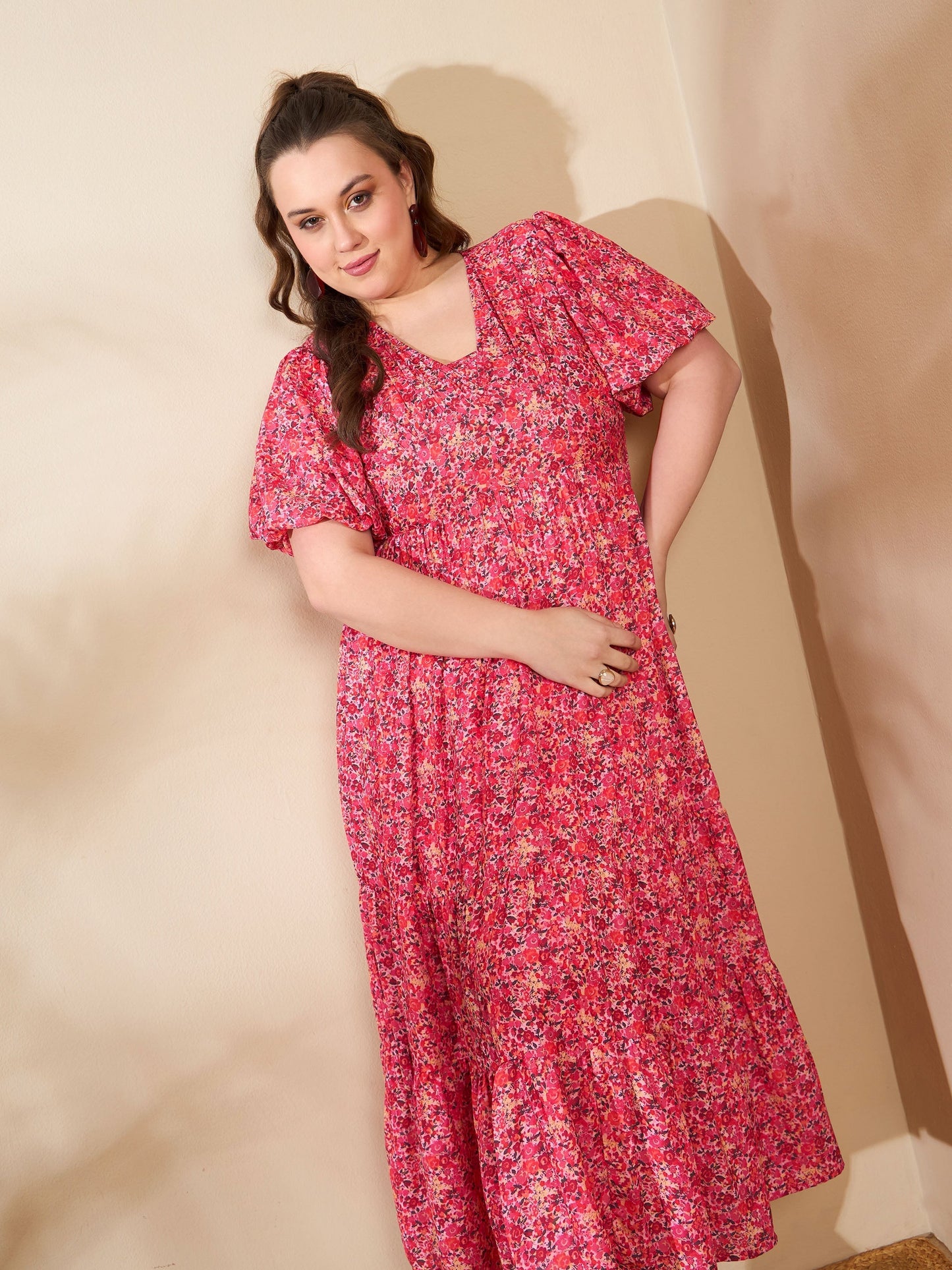 Women's Red Floral V Neck Maxi Dre