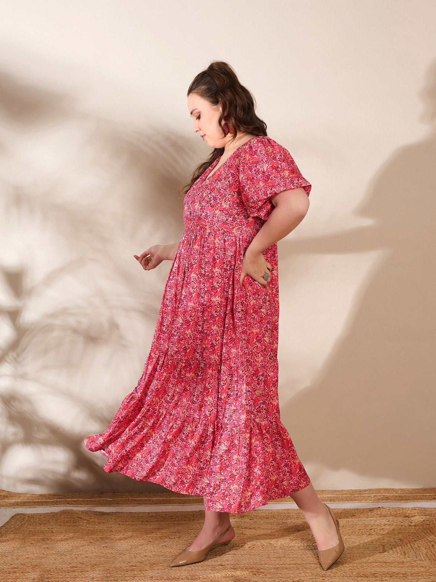 Women's Red Floral V Neck Maxi Dre