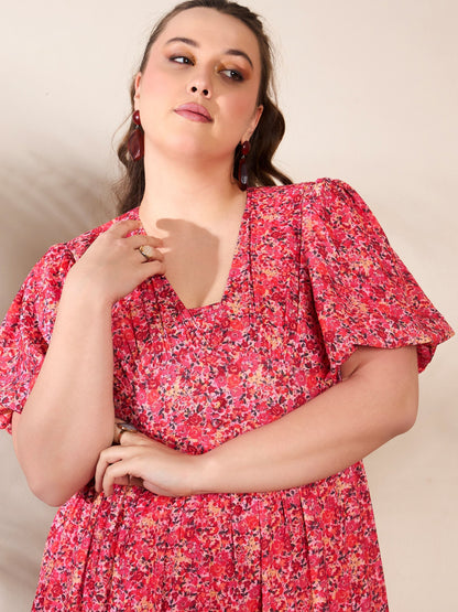 Women's Red Floral V Neck Maxi Dre