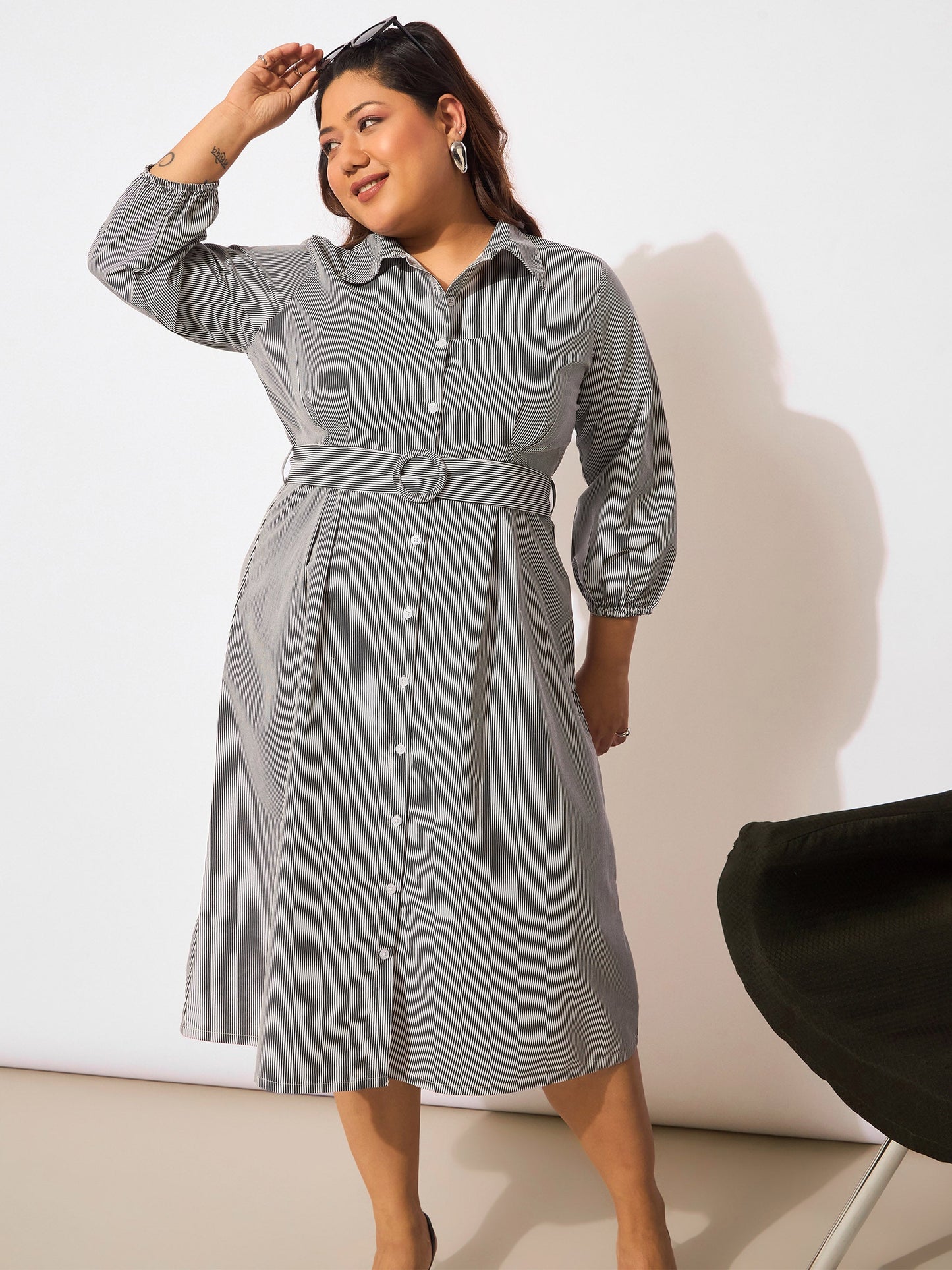 Women's White & Black Pinstripes Belted Midi Shirt Dre