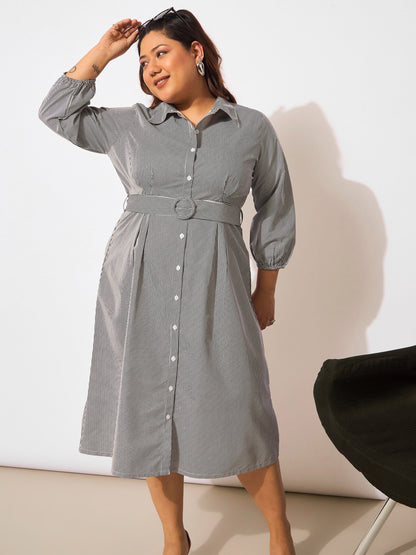 Women's White & Black Pinstripes Belted Midi Shirt Dre