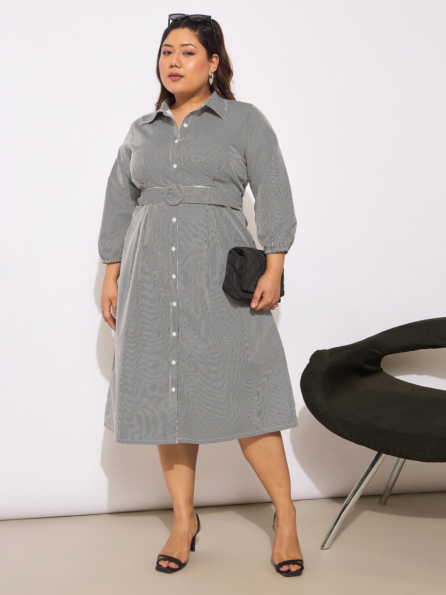 Women's White & Black Pinstripes Belted Midi Shirt Dre