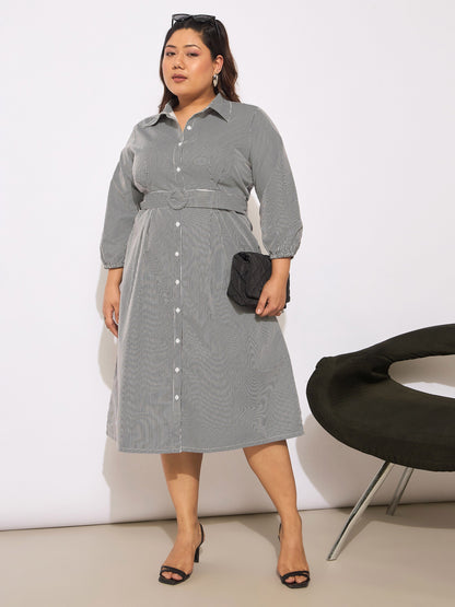 Women's White & Black Pinstripes Belted Midi Shirt Dre