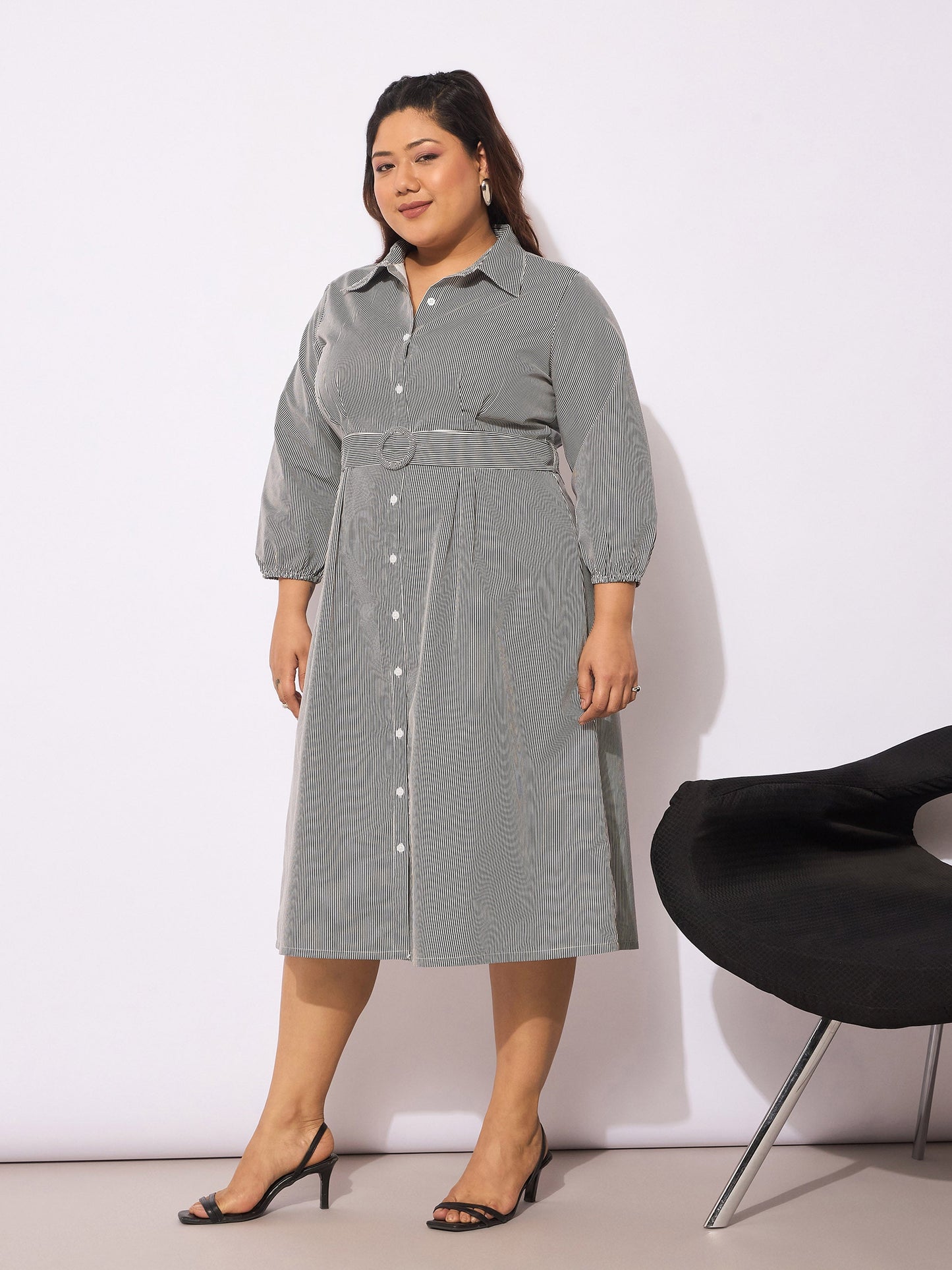 Women's White & Black Pinstripes Belted Midi Shirt Dre