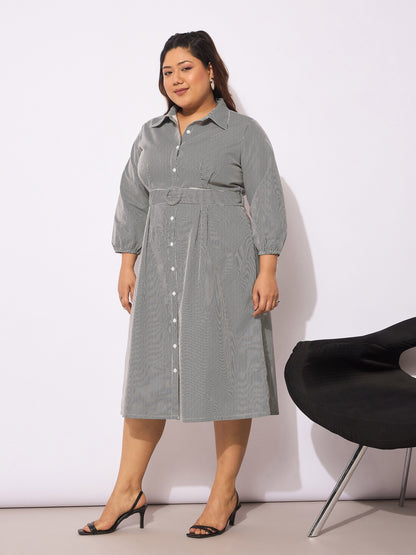 Women's White & Black Pinstripes Belted Midi Shirt Dre