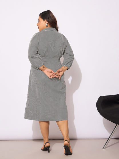 Women's White & Black Pinstripes Belted Midi Shirt Dre