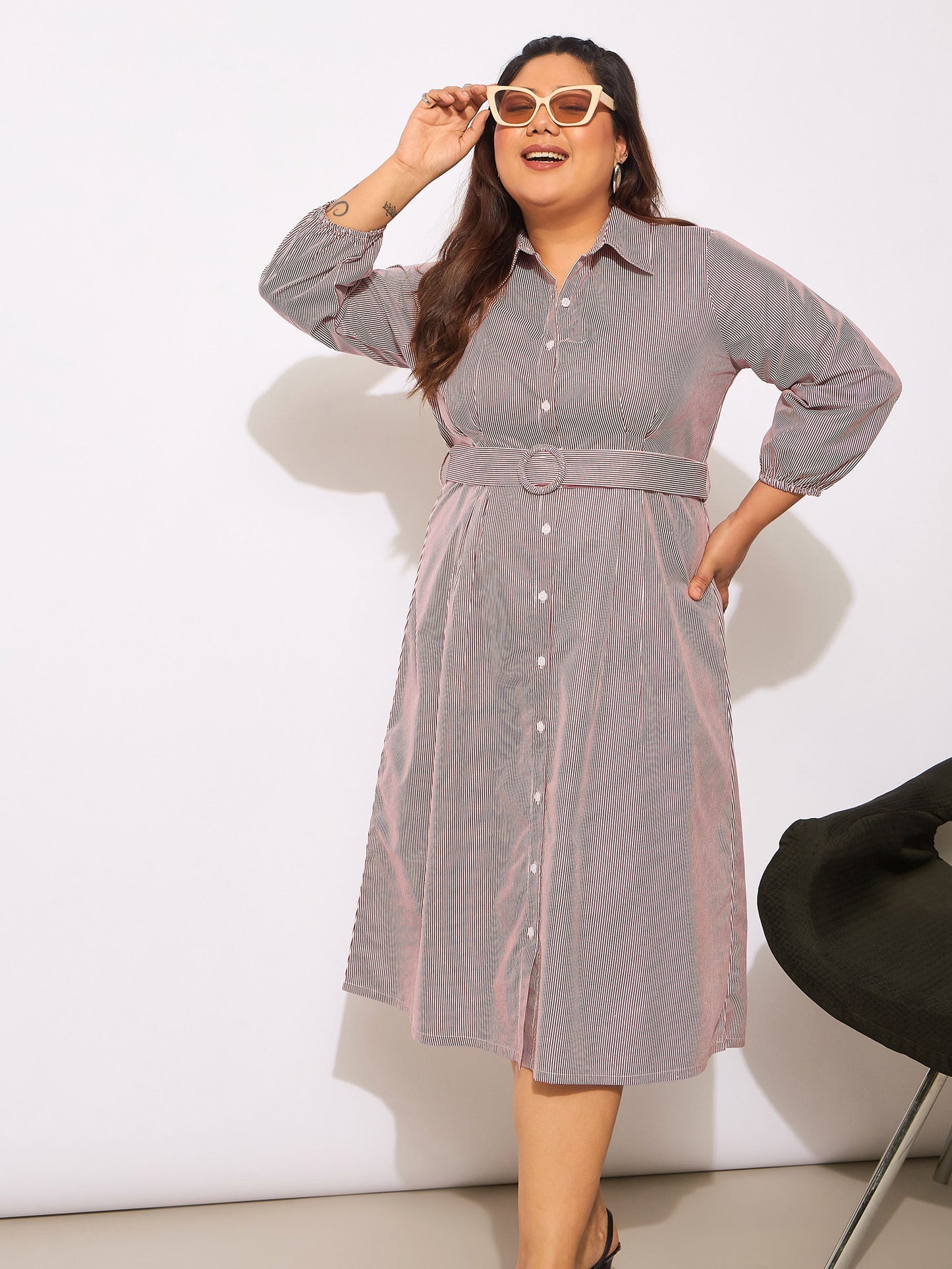 Women's White & Red Pinstripes Belted Midi Shirt Dre