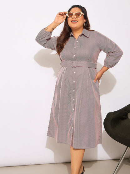 Women's White & Red Pinstripes Belted Midi Shirt Dre