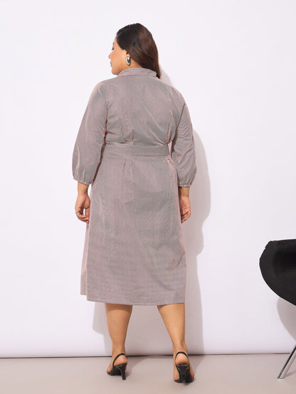 Women's White & Red Pinstripes Belted Midi Shirt Dre