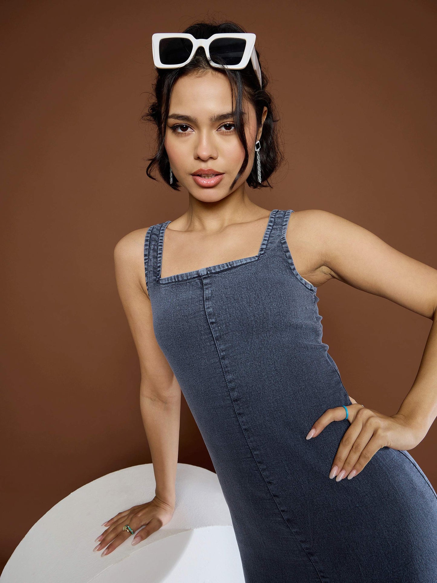 Women's Blue Acid Wash Strappy Midi Dre