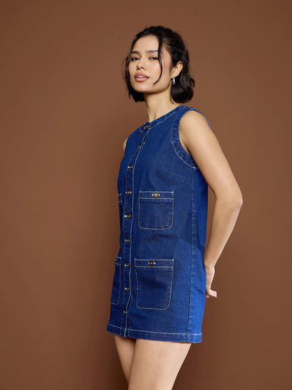 Women's Navy Blue Front Pocket Short Dre