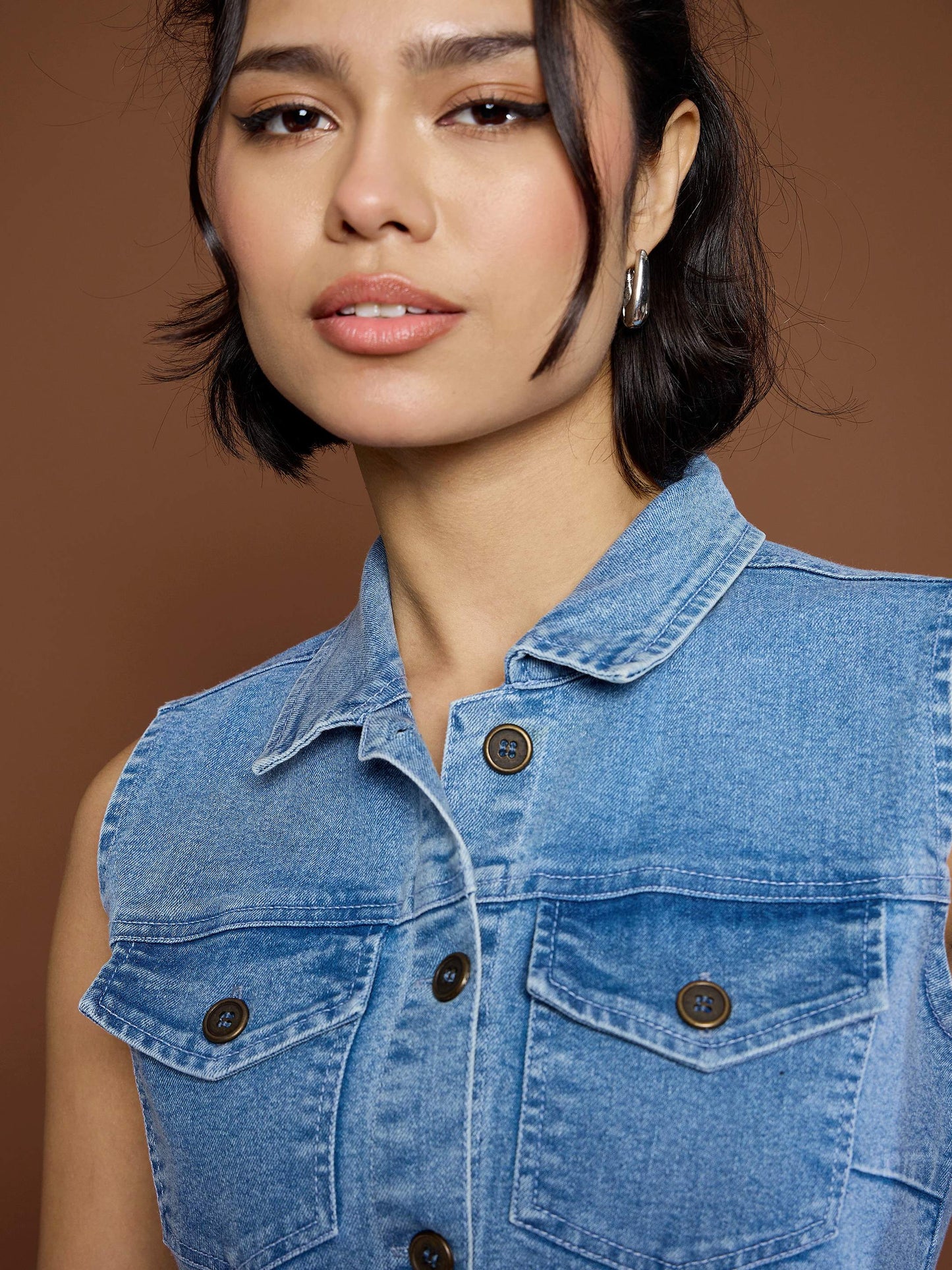 Women's Blue Denim Front Button Midi Dre