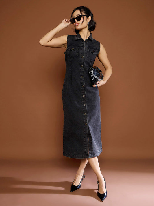 Women's Black Washed Denim Front Button Midi Dre