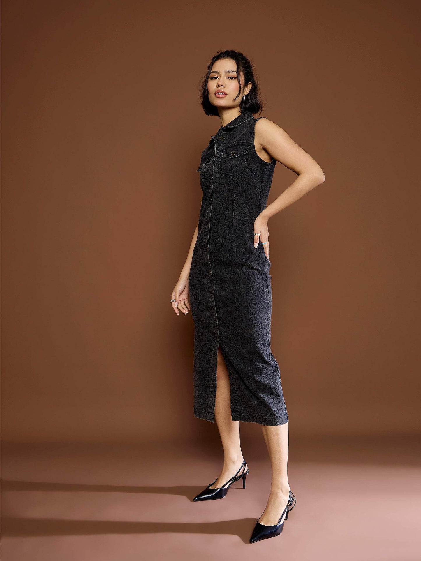 Women's Black Washed Denim Front Button Midi Dre
