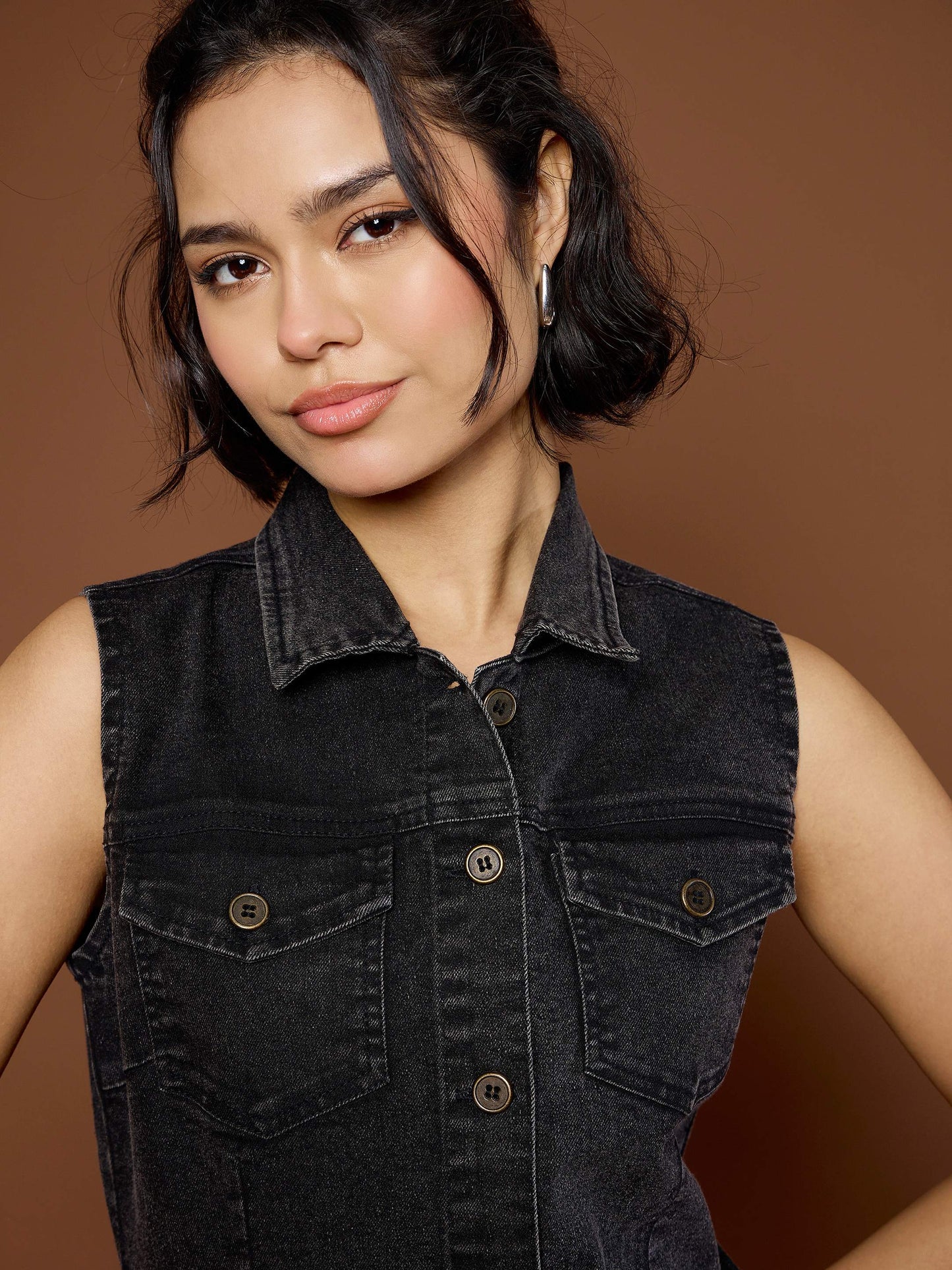 Women's Black Washed Denim Front Button Midi Dre