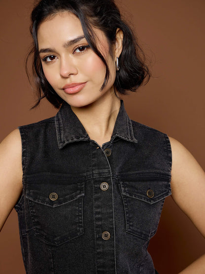 Women's Black Washed Denim Front Button Midi Dre