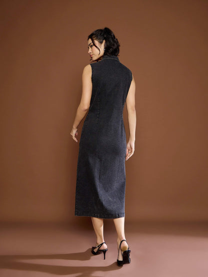 Women's Black Washed Denim Front Button Midi Dre