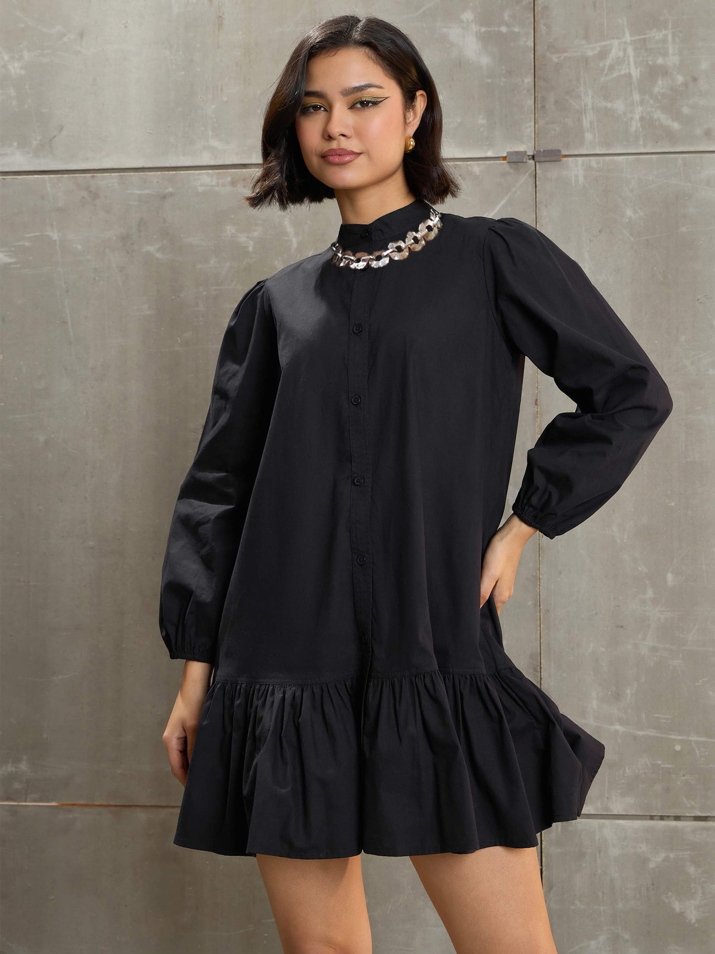 Women's Black Poplin Frill Hem Short Dre