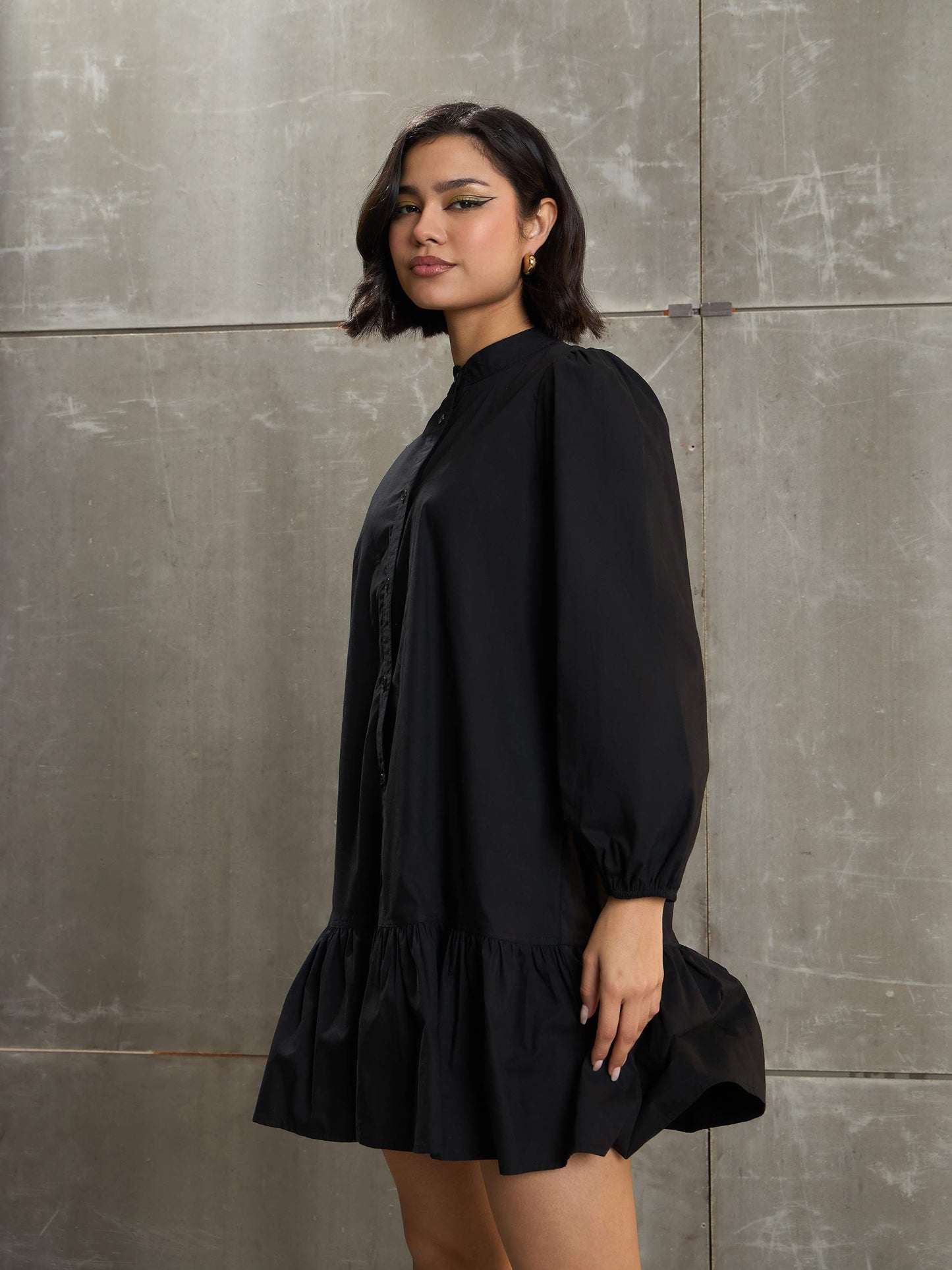 Women's Black Poplin Frill Hem Short Dre