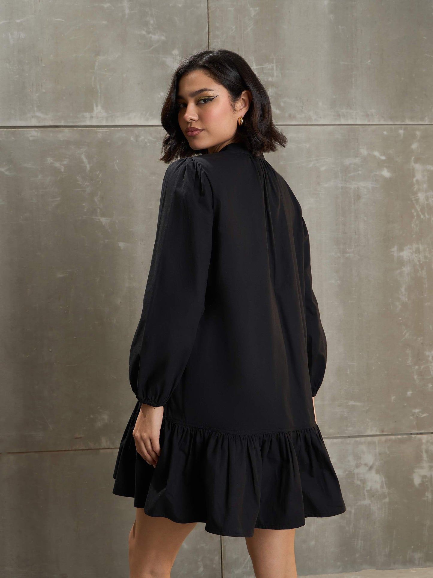 Women's Black Poplin Frill Hem Short Dre