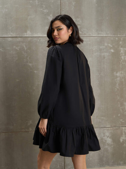 Women's Black Poplin Frill Hem Short Dre