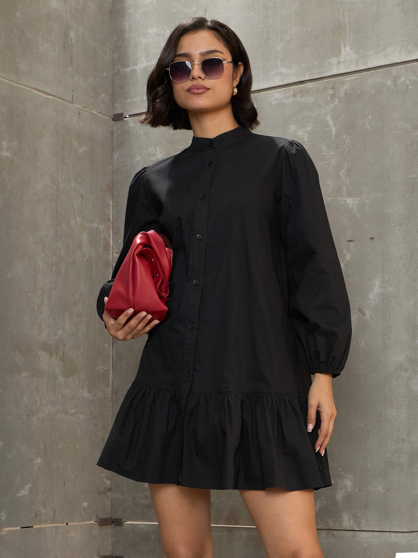 Women's Black Poplin Frill Hem Short Dre