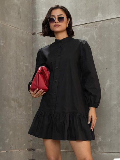 Women's Black Poplin Frill Hem Short Dre