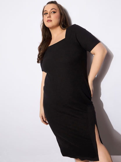 Women's Black Rib Square Neck Short Sleeves Midi Dre