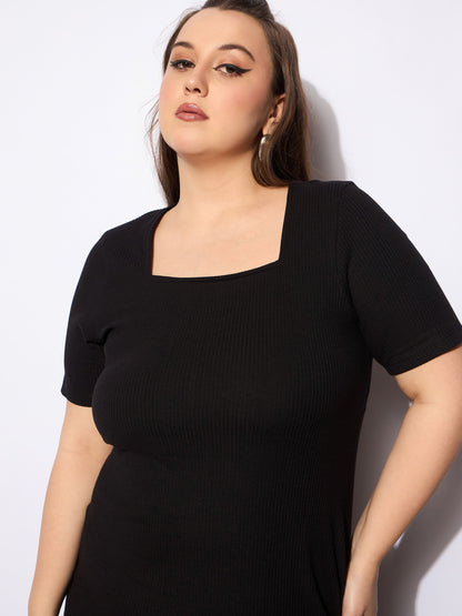 Women's Black Rib Square Neck Short Sleeves Midi Dre