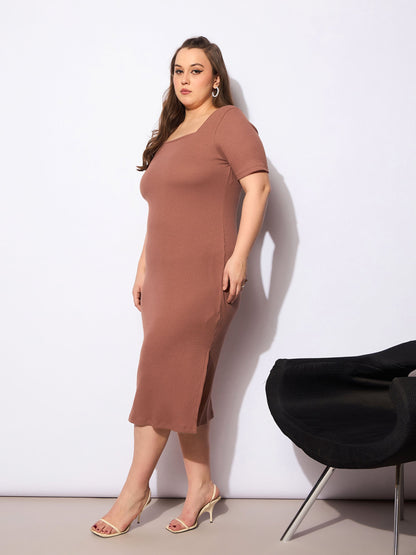 Women's Brown Rib Square Neck Short Sleeve Midi Dre