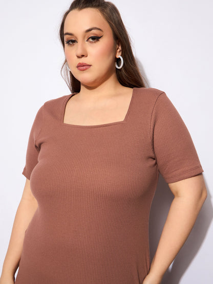Women's Brown Rib Square Neck Short Sleeve Midi Dre