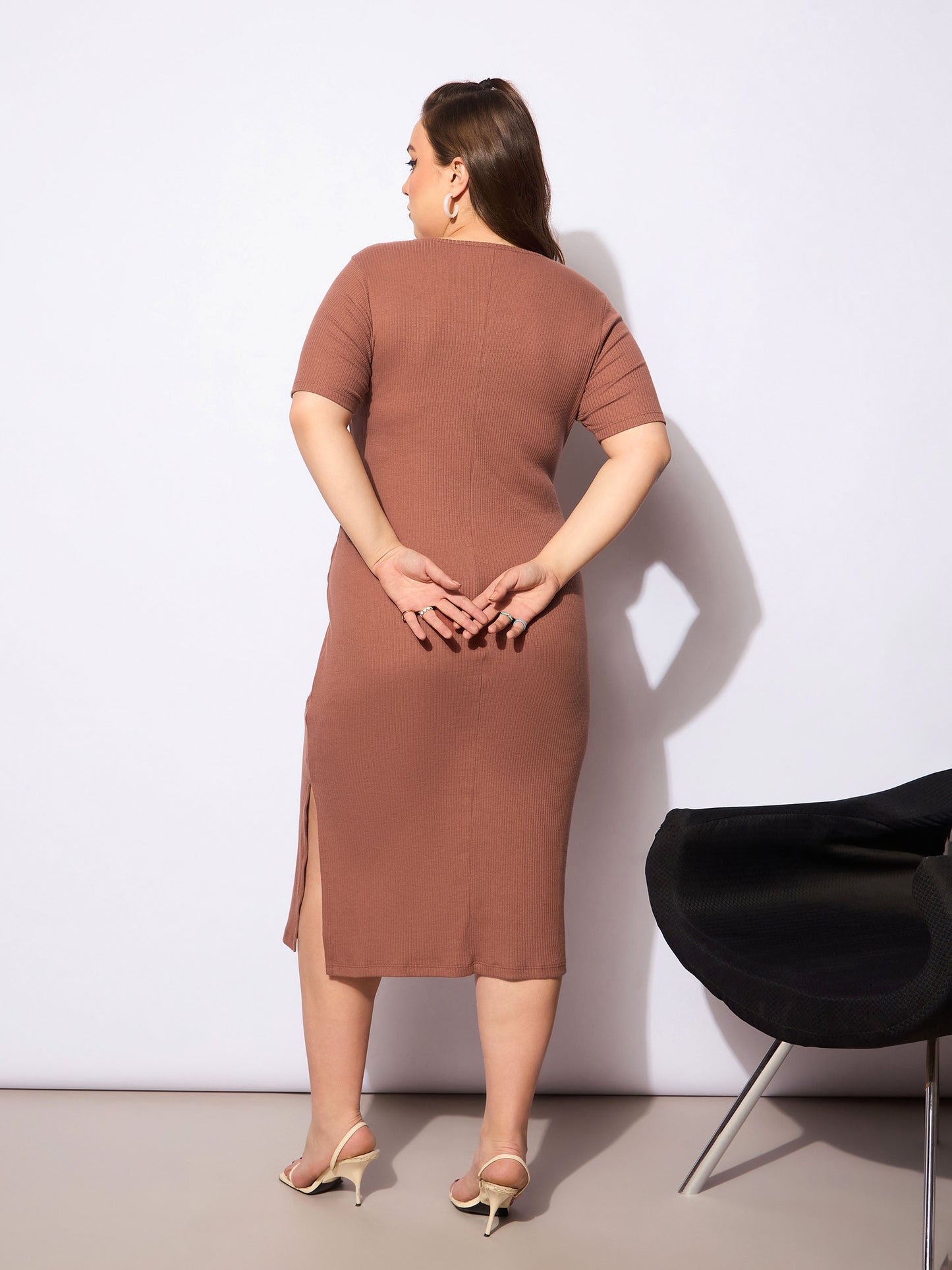Women's Brown Rib Square Neck Short Sleeve Midi Dre
