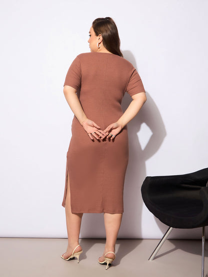 Women's Brown Rib Square Neck Short Sleeve Midi Dre