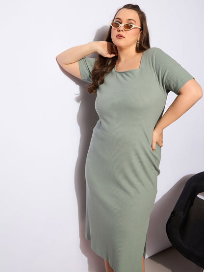 Women's Green Rib Square Neck Short Sleeves Midi Dre