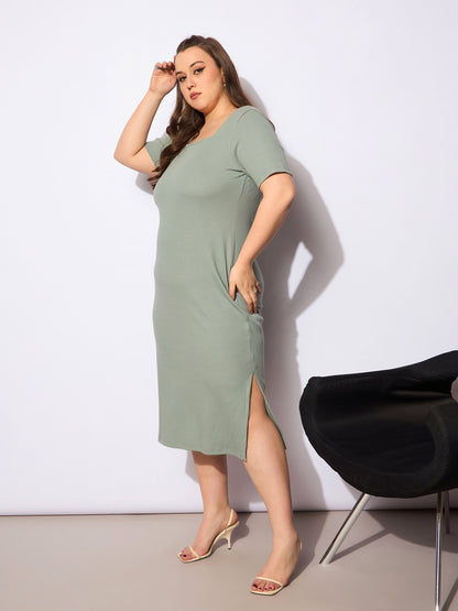 Women's Green Rib Square Neck Short Sleeves Midi Dre