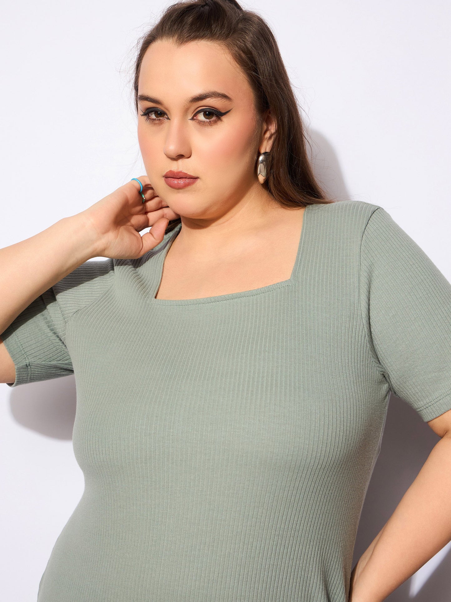 Women's Green Rib Square Neck Short Sleeves Midi Dre