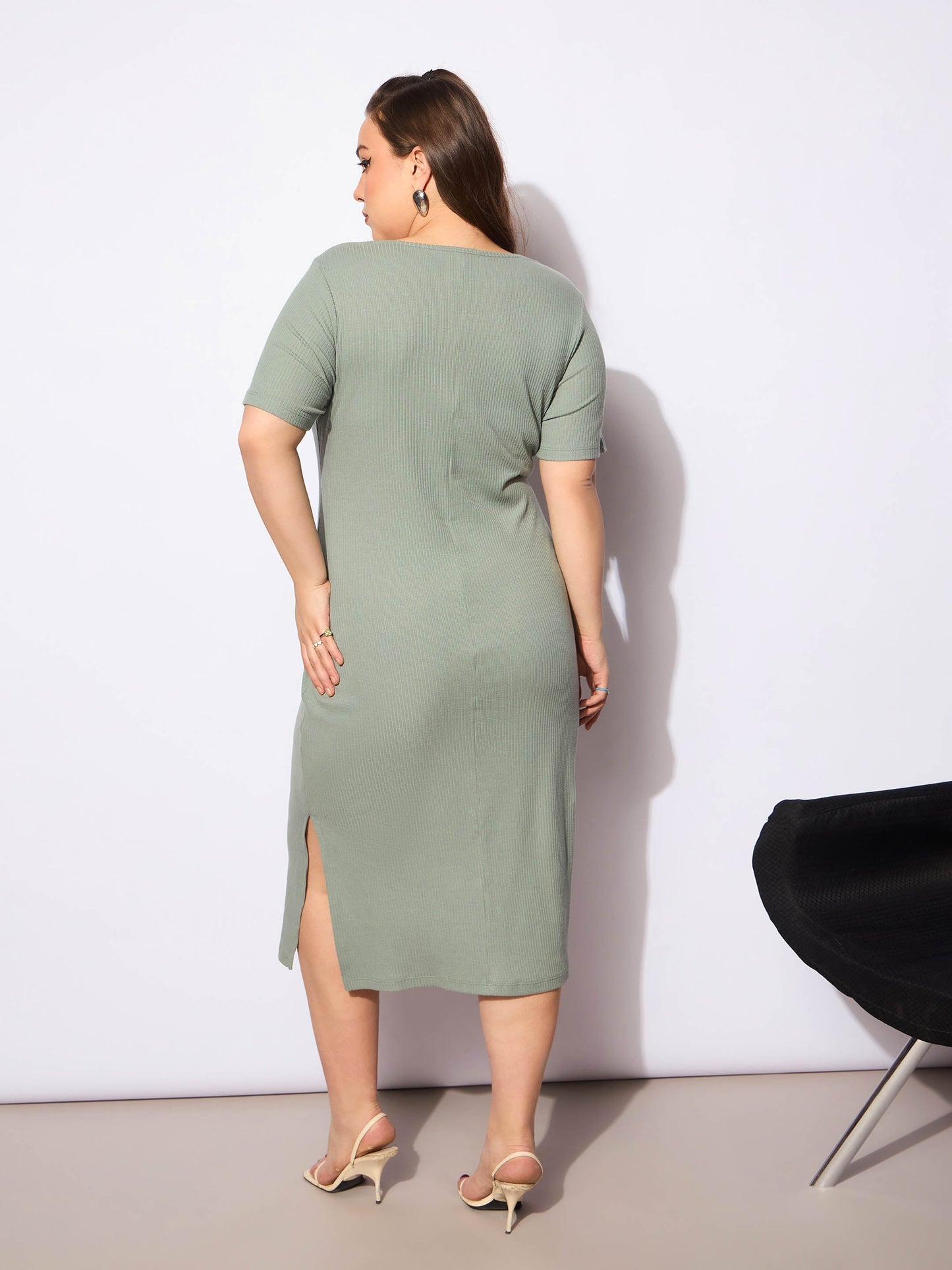 Women's Green Rib Square Neck Short Sleeves Midi Dre