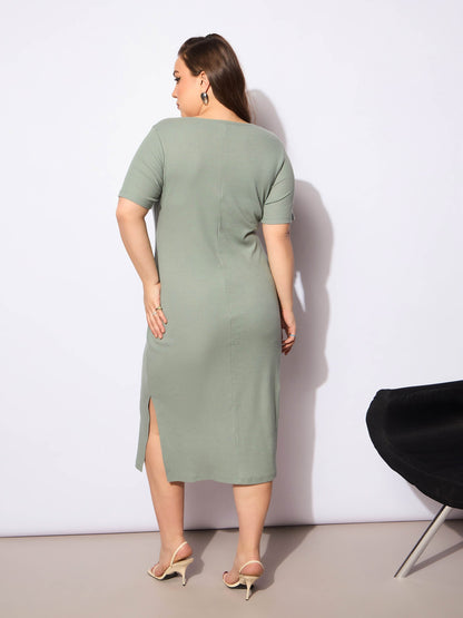 Women's Green Rib Square Neck Short Sleeves Midi Dre