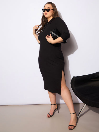 Women's Black Rib Collar Neck Front Button Midi Dre