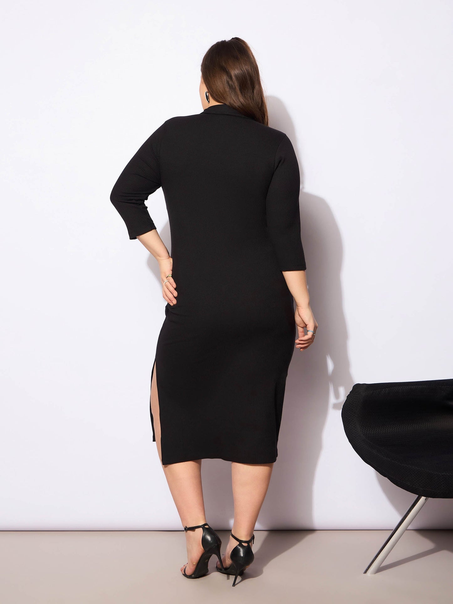 Women's Black Rib Collar Neck Front Button Midi Dre