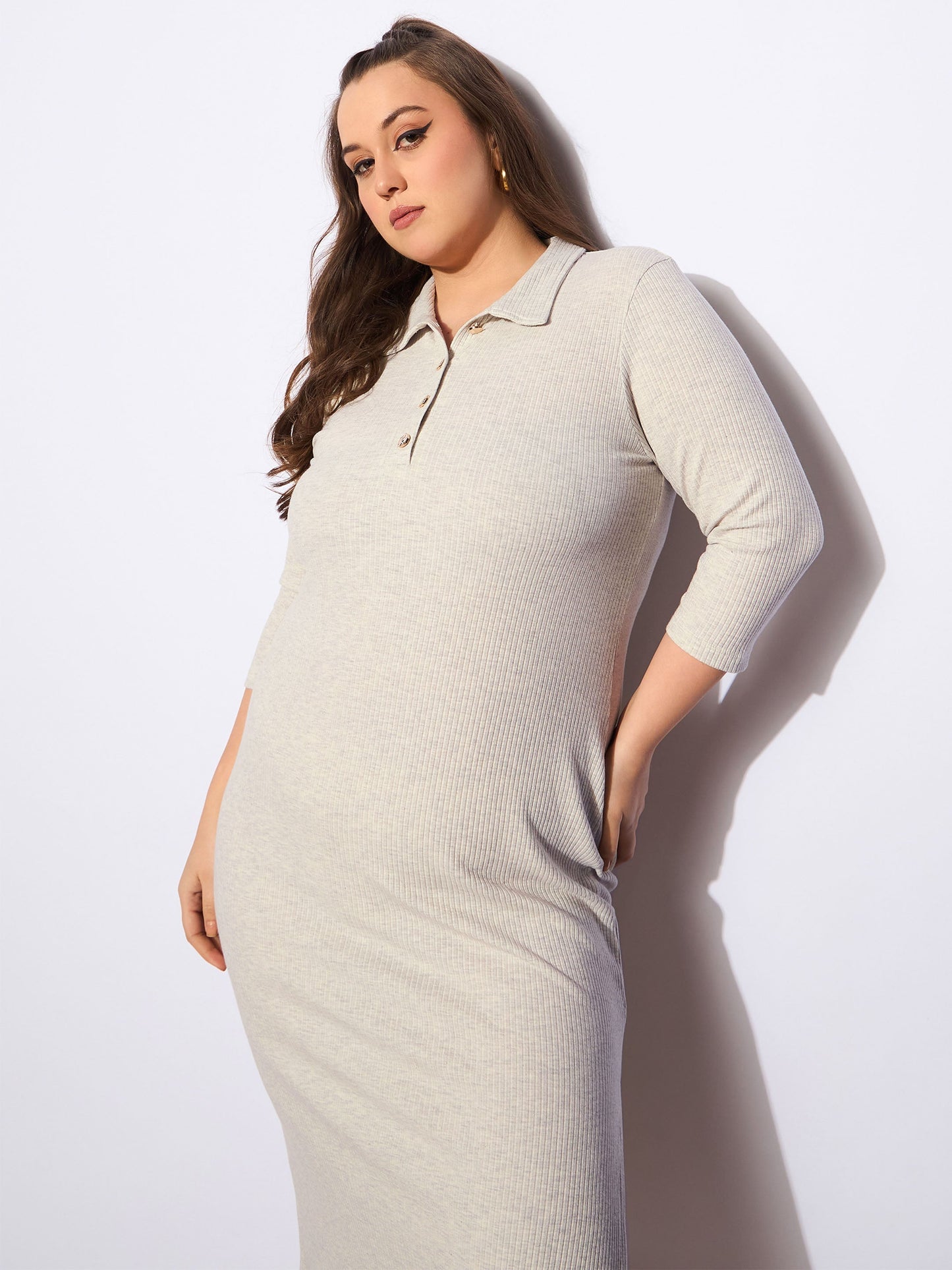 Women's Beige Melange Front Button Midi Dre