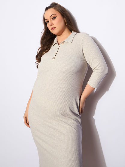 Women's Beige Melange Front Button Midi Dre