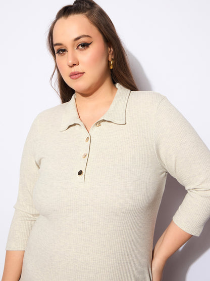 Women's Beige Melange Front Button Midi Dre
