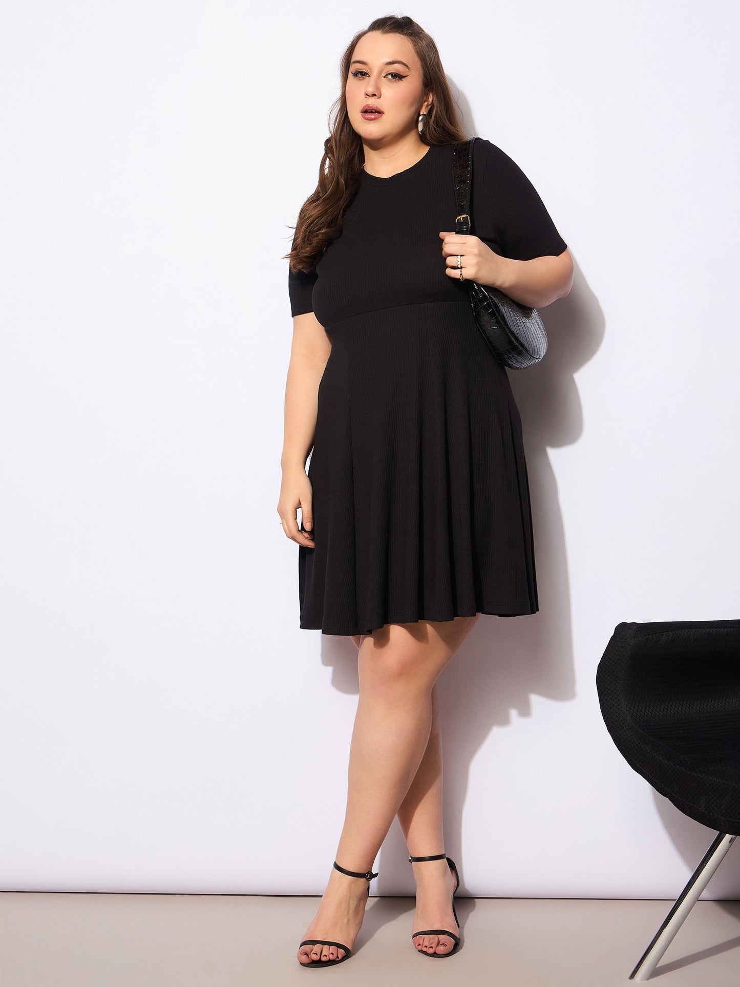 Women's Black Rib Below Knee Skater Dre