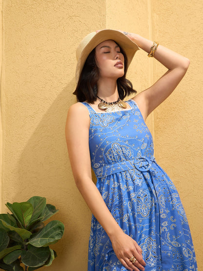 Women's Blue Floral Strappy Midi Dre