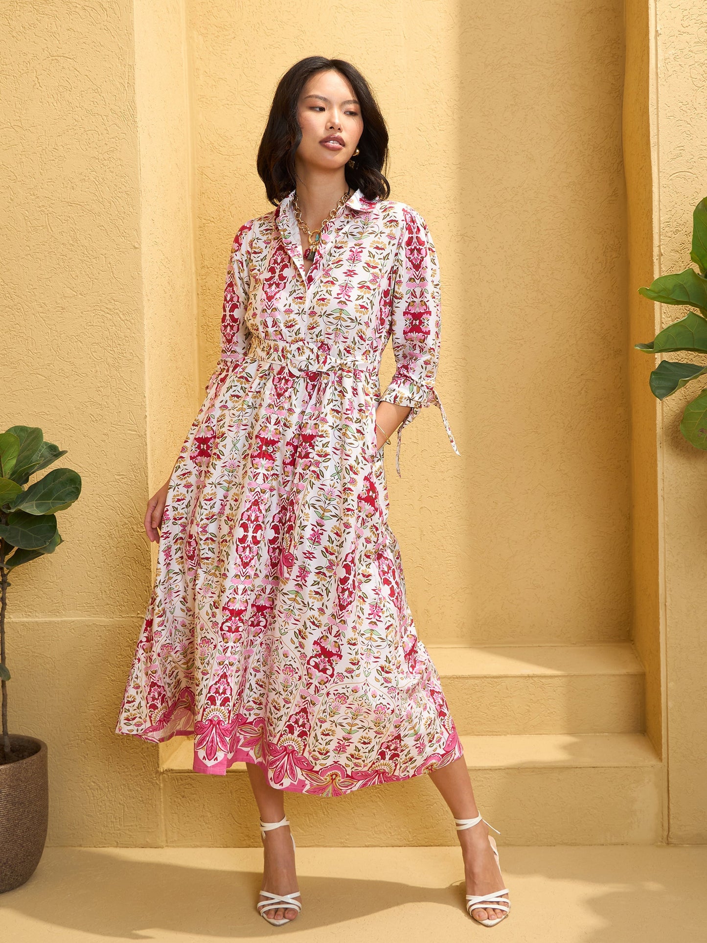 Women's White Floral Front Button Belt Midi Dre