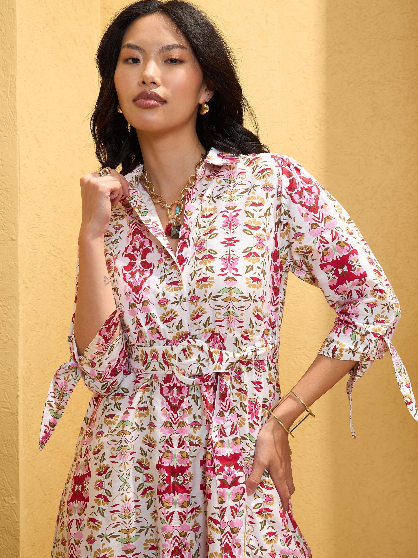 Women's White Floral Front Button Belt Midi Dre