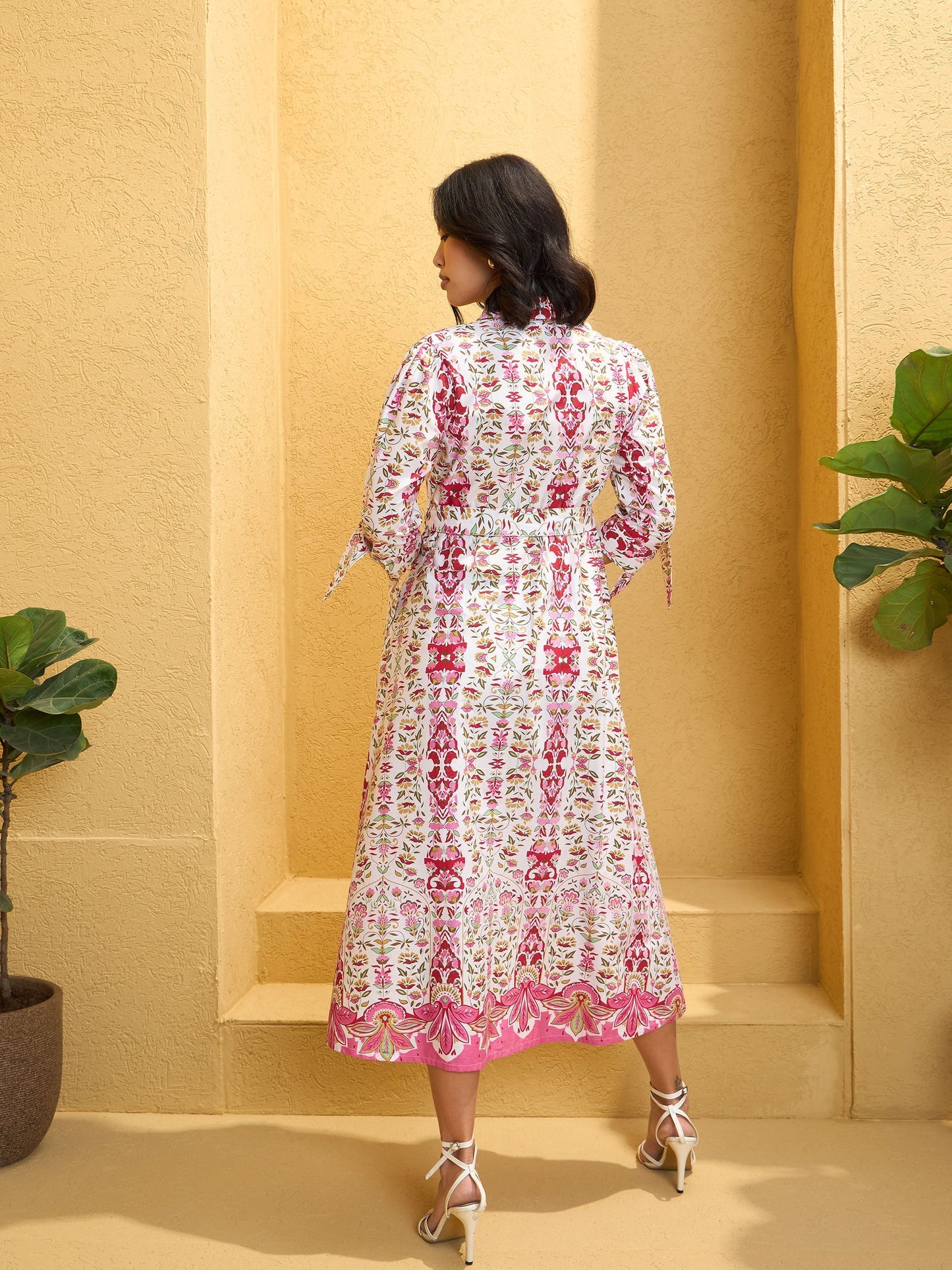 Women's White Floral Front Button Belt Midi Dre