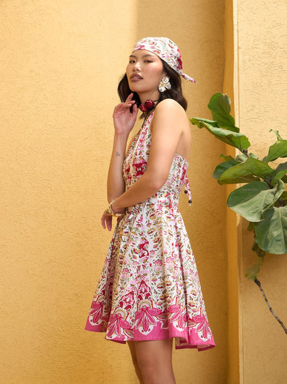 Women's Pink & White Floral Halter Neck Short Dre
